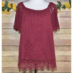 Knox Rose Ladies Dark Red Blouse Top Size M Lace Floral Lined Sheer Casual Fall